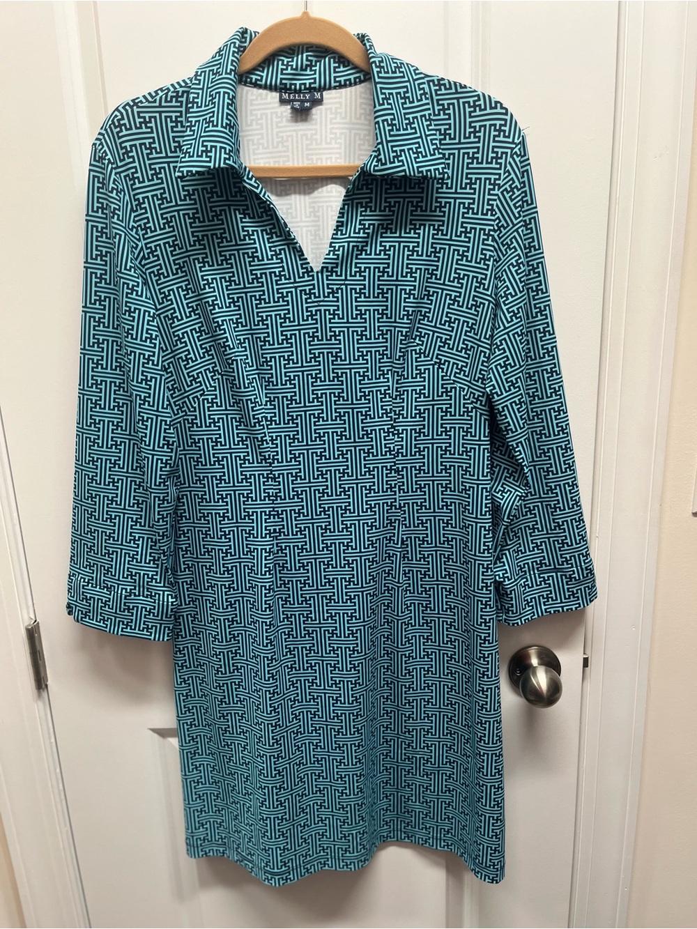 Melly M Teal Blue Greek Key Geometric 3/4 Sleeve Shift Dress M